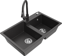 Mexen Tomas fregadero de granito de 2 cubetas con grifo de cocina Elia, negro moteado - 6516-76-670101-76