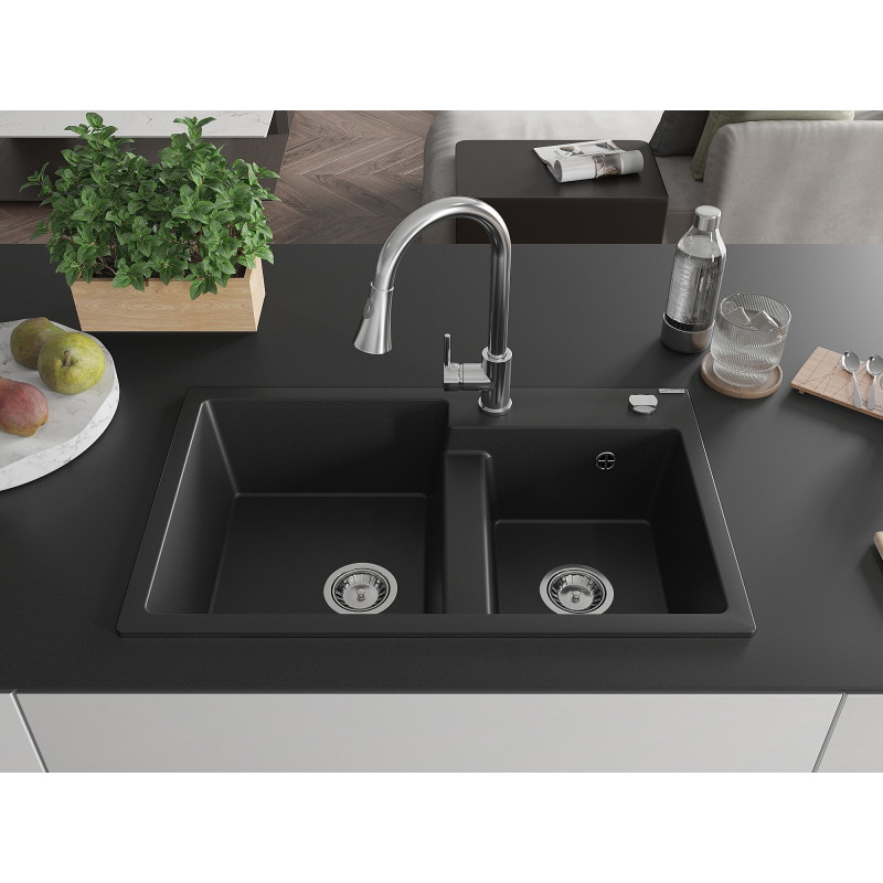 Mexen Tomas fregadero de granito de 2 compartimentos con grifo de cocina Elia, negro - 6516-77-670101-00