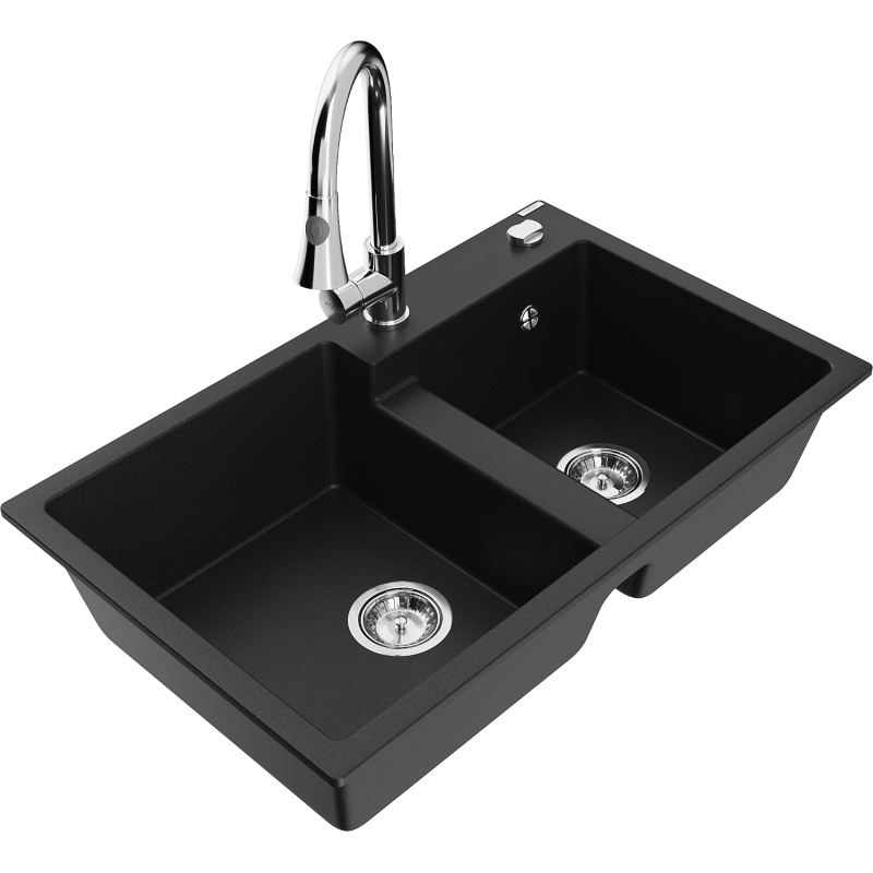 Mexen Tomas granite double sink with Elia kitchen tap, black - 6516-77-670101-00