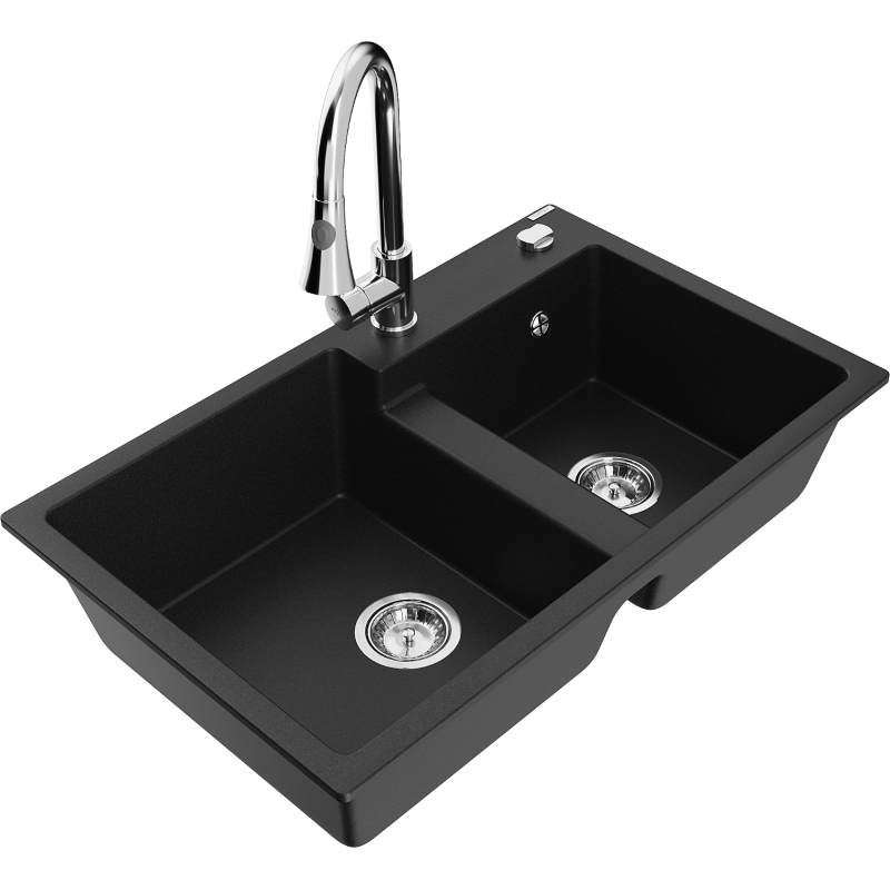 Mexen Tomas Granitspullt 2-Kammer mat Kichenkran Elia, schwaarz - 6516-77-670101-00