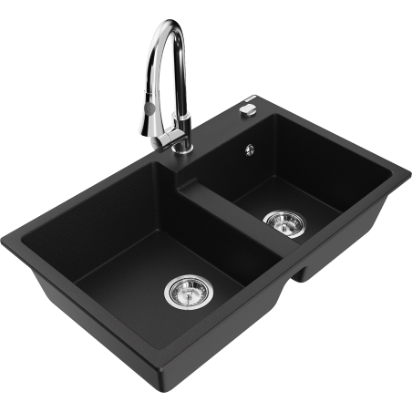 Mexen Tomas fregadero de granito de 2 senos con grifo de cocina Elia, negro - 6516-77-670101-00