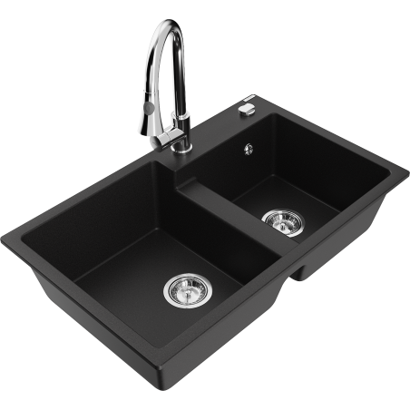 Mexen Tomas granite double sink with Elia kitchen tap, black - 6516-77-670101-00