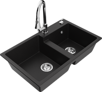 Mexen Tomas granite double sink with Elia kitchen tap, black - 6516-77-670101-00