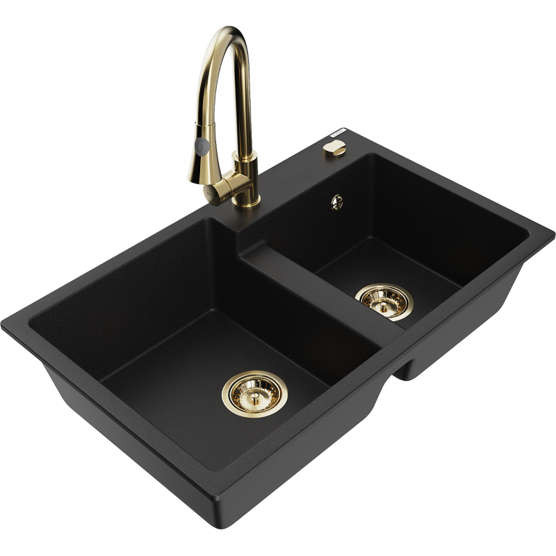 Mexen Tomas fregadero de granito de 2 senos con grifo de cocina Elia, negro - 6516-77-670101-50