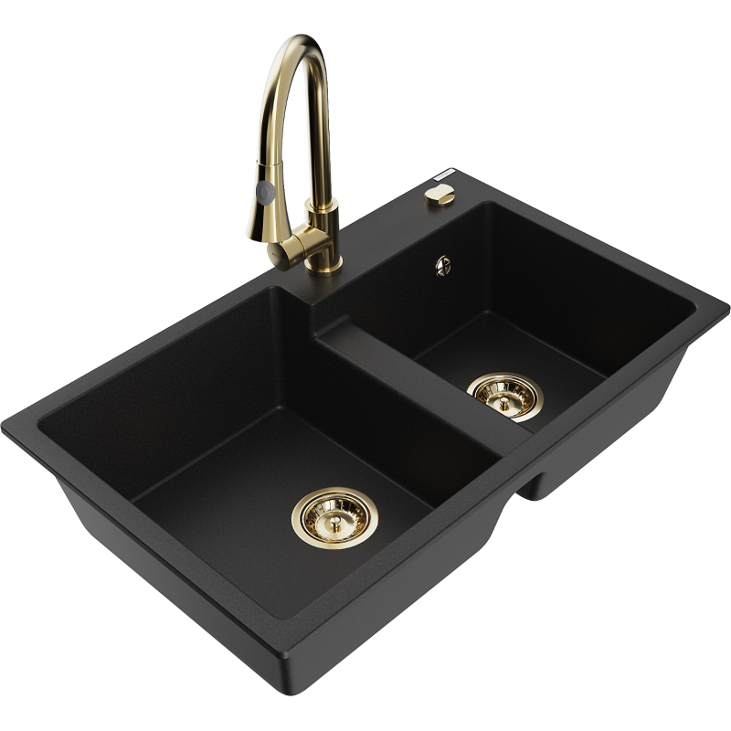 Mexen Tomas lavello in granito a 2 vasche con rubinetto da cucina Elia, nero - 6516-77-670101-50
