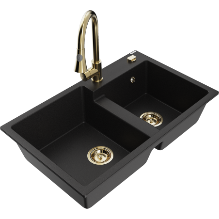 Mexen Tomas fregadero de granito de 2 senos con grifo de cocina Elia, negro - 6516-77-670101-50