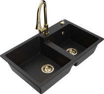 Mexen Tomas fregadero de granito de 2 senos con grifo de cocina Elia, negro - 6516-77-670101-50