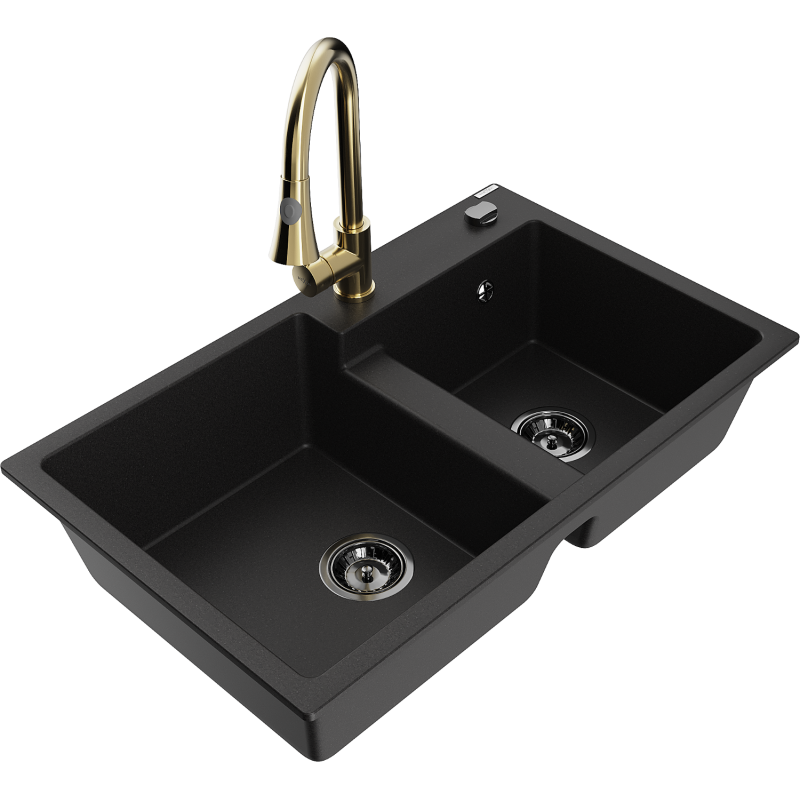 Mexen Tomas fregadero de granito de 2 compartimentos con grifo de cocina Elia, negro - 6516-77-670101-50-B