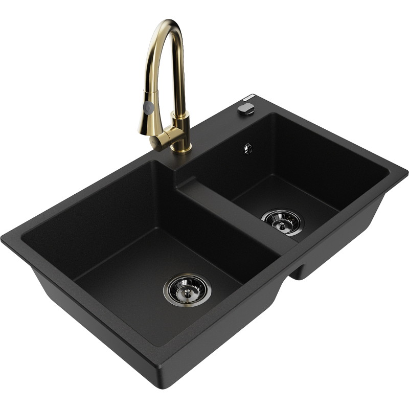 Mexen Tomas fregadero de granito de 2 tazones con grifo de cocina Elia, negro - 6516-77-670101-50-B