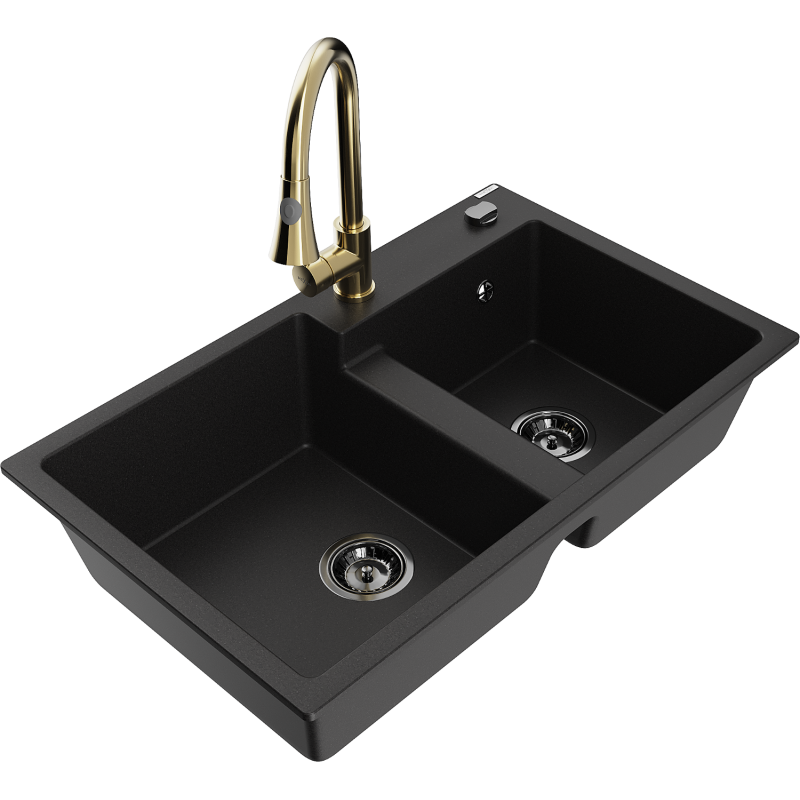 Mexen Tomas granite double sink with Elia kitchen tap, black - 6516-77-670101-50-B