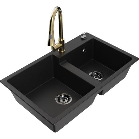 Mexen Tomas fregadero de granito de 2 compartimentos con grifo de cocina Elia, negro - 6516-77-670101-50-B
