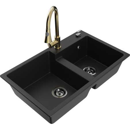 Mexen Tomas granite double sink with Elia kitchen tap, black - 6516-77-670101-50-B