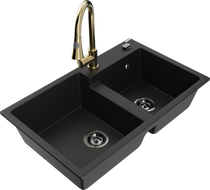 Mexen Tomas fregadero de granito de 2 compartimentos con grifo de cocina Elia, negro - 6516-77-670101-50-B