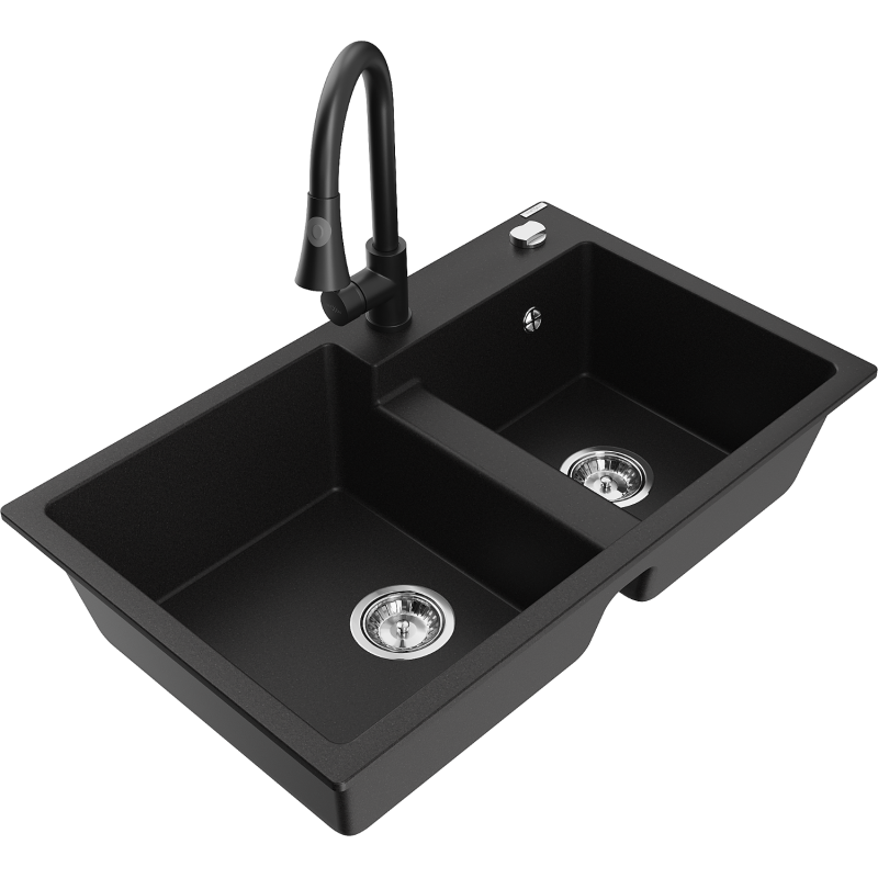Mexen Tomas fregadero de granito de 2 compartimentos con grifo de cocina Elia, negro - 6516-77-670101-70