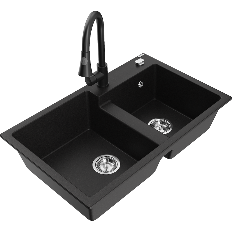 Mexen Tomas granite sink 2-bowl with Elia kitchen tap, black - 6516-77-670101-70