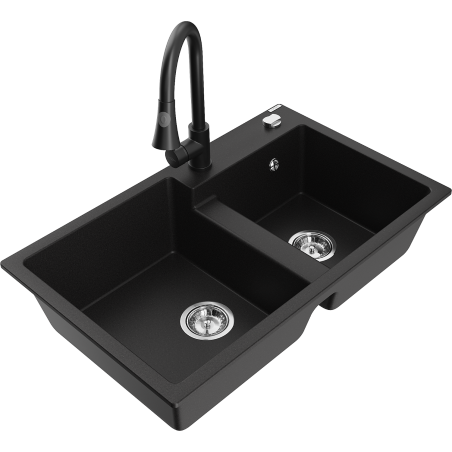 Mexen Tomas fregadero de granito de 2 compartimentos con grifo de cocina Elia, negro - 6516-77-670101-70