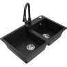 Mexen Tomas granite sink 2-bowl with Elia kitchen tap, black - 6516-77-670101-70
