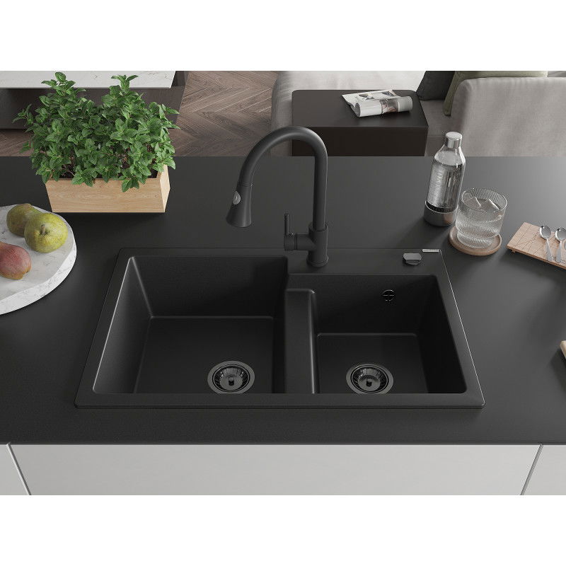 Mexen Tomas granite kitchen sink with 2 compartments and Elia kitchen tap, black - 6516-77-670101-70-B