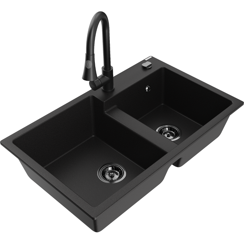 Mexen Tomas fregadero de granito de 2 compartimentos con grifo de cocina Elia, negro - 6516-77-670101-70-B