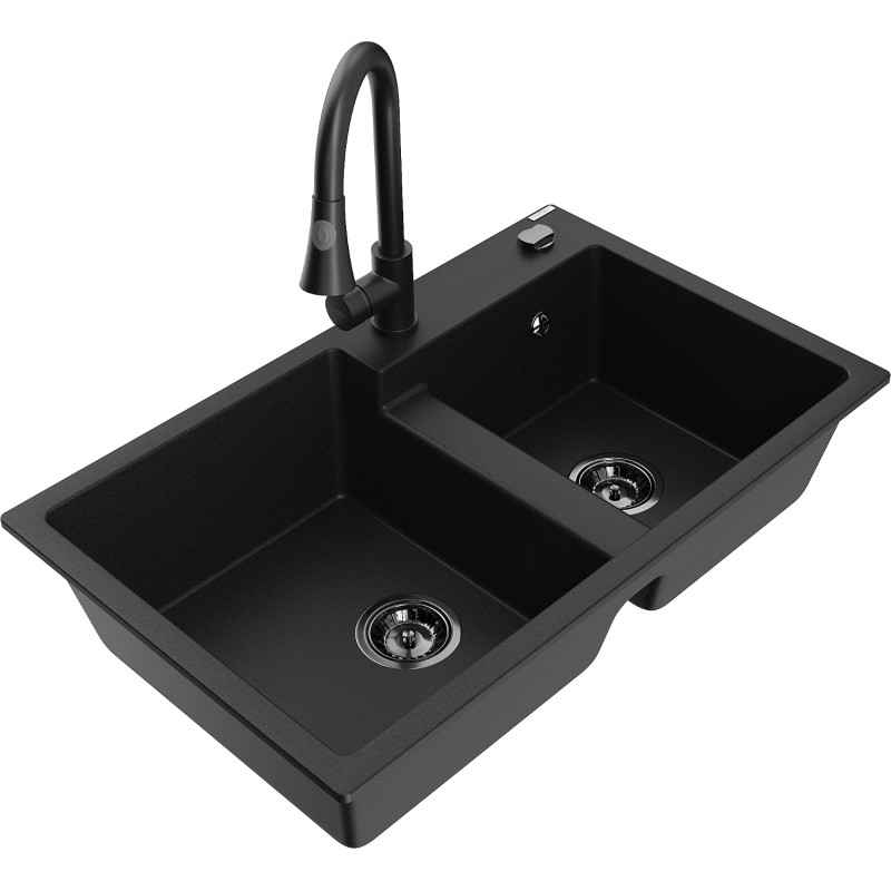 Mexen Tomas fregadero de granito de 2 senos con grifo de cocina Elia, negro - 6516-77-670101-70-B