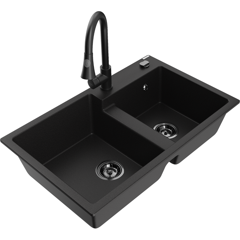 Mexen Tomas Granit-Spullsteen 2-Kompartiment mat Kichenkrunn Elia, schwaarz - 6516-77-670101-70-B