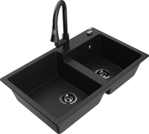 Mexen Tomas fregadero de granito de 2 compartimentos con grifo de cocina Elia, negro - 6516-77-670101-70-B