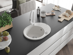 Mexen Kevin granite sink, 1-bowl with drainer and Elia kitchen tap, white - 6517-20-670101-20