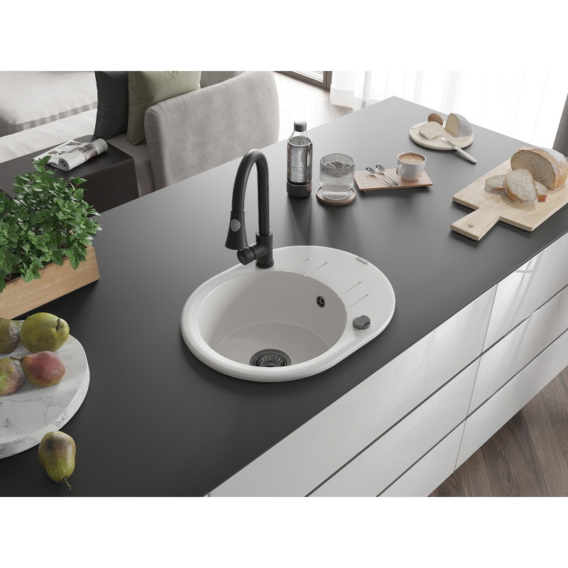 Mexen Kevin fregadero de granito de 1 compartimento con escurridor y grifo de cocina Elia, blanco - 6517-20-670101-70
