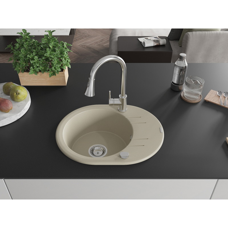 Mexen Kevin granitische spoelbak 1-komorige met afdruiprek en keukenmengkraan Elia, beige - 6517-69-670101-00