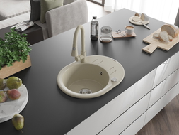 Mexen Kevin granite sink 1-bowl with drainer and Elia kitchen tap, beige - 6517-69-670101-69