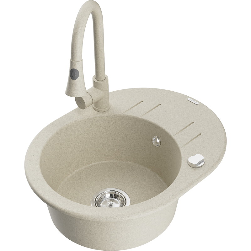 Mexen Kevin granitische gootsteen met 1 bak, afdruipplaat en keukenkraan Elia, beige - 6517-69-670101-69