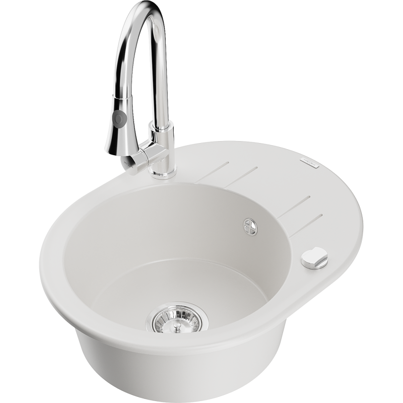 Mexen Kevin fregadero de granito de 1 cubeta con escurridor y grifo de cocina Elia, blanco - 6517-20-670101-00