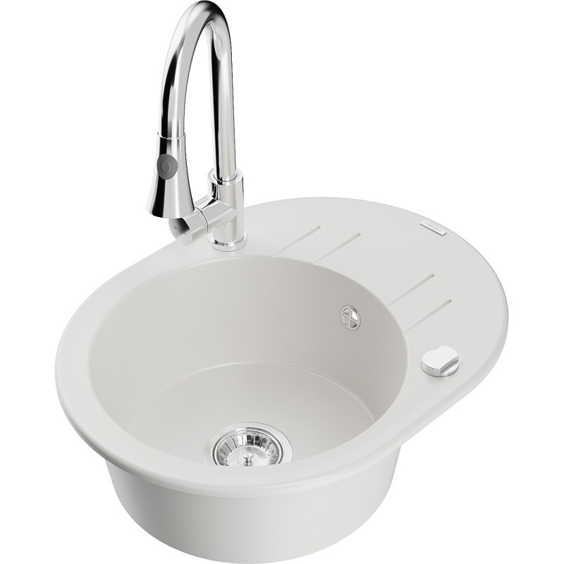 Mexen Kevin fregadero de granito de 1 seno con escurridor y grifo de cocina Elia, blanco - 6517-20-670101-00