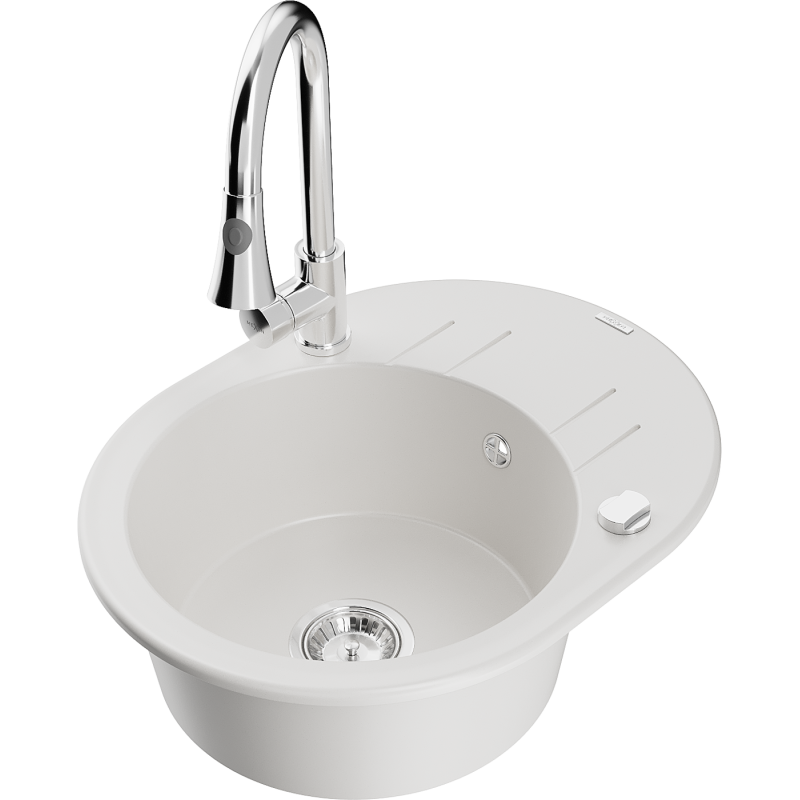 Mexen Kevin granieten gootsteen met 1 bak, afdruiprek en Elia keukenmengkraan, wit - 6517-20-670101-00