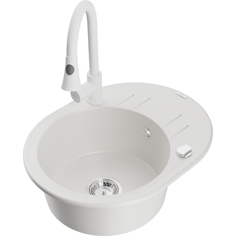 Mexen Kevin graniittinen yksialtaainen pesuallas valumisalueella ja keittiöhanalla Elia, valkoinen - 6517-20-670101-20