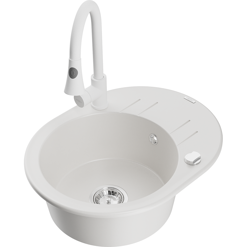 Mexen Kevin granite sink, 1-bowl with drainer and Elia kitchen tap, white - 6517-20-670101-20