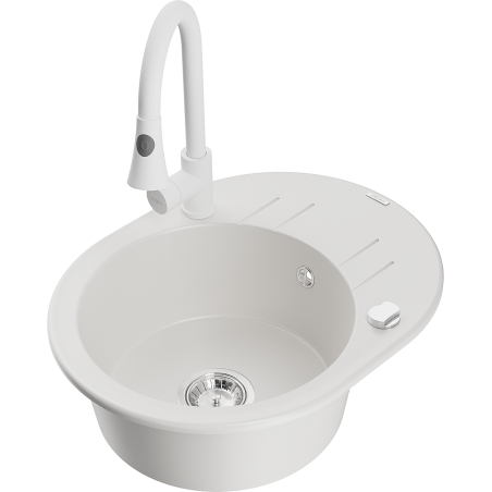 Mexen Kevin fregadero de granito de 1 compartimento con escurridor y grifo de cocina Elia, blanco - 6517-20-670101-20