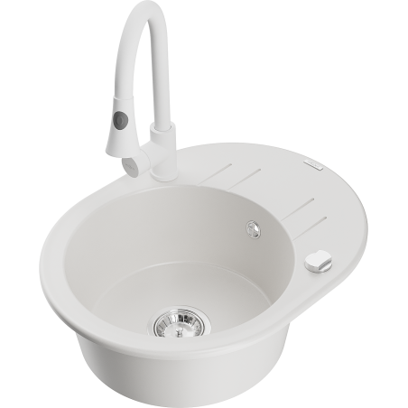 Mexen Kevin granite sink, 1-bowl with drainer and Elia kitchen tap, white - 6517-20-670101-20