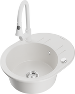 Mexen Kevin 1-Bowl Granite Sink with Drainer and Elia Kitchen Faucet, White - 6517-20-670101-20