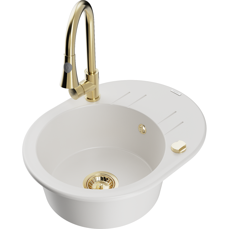 Mexen Kevin fregadero de granito de 1 cubeta con escurridor y grifo de cocina Elia, blanco - 6517-20-670101-50