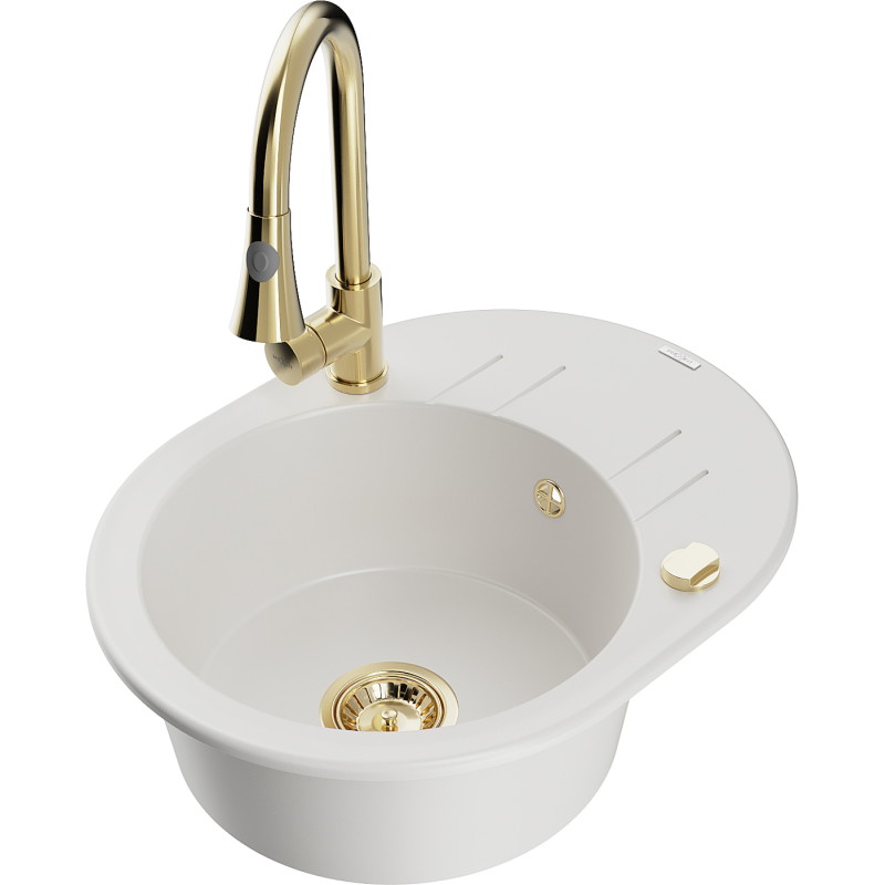 Mexen Kevin fregadero de granito de 1 seno con escurridor y grifo de cocina Elia, blanco - 6517-20-670101-50