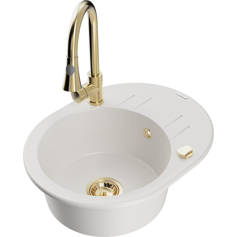 Mexen Kevin granitdiskho med 1 ho, avrinningsplatta och köksblandare Elia, vit - 6517-20-670101-50