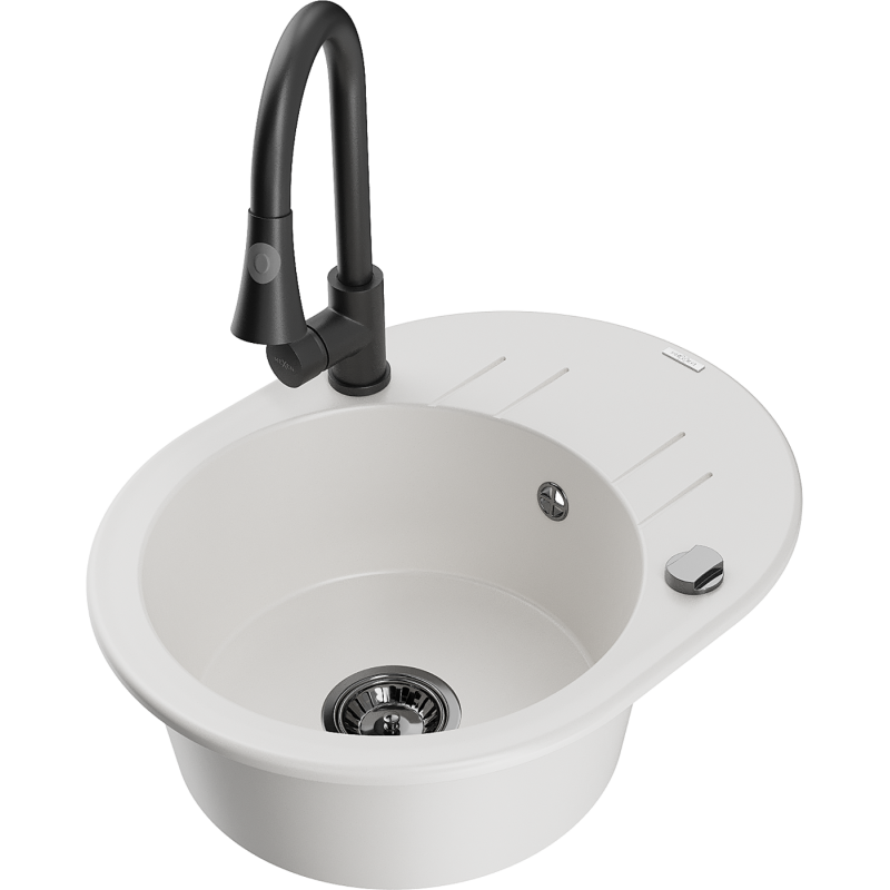 Mexen Kevin fregadero de granito de 1 seno con escurridor y grifo de cocina Elia, blanco - 6517-20-670101-70