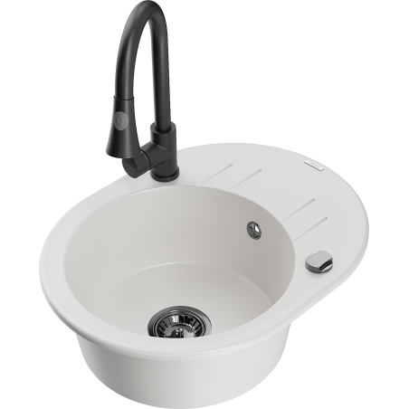 Mexen Kevin fregadero de granito de 1 seno con escurridor y grifo de cocina Elia, blanco - 6517-20-670101-70