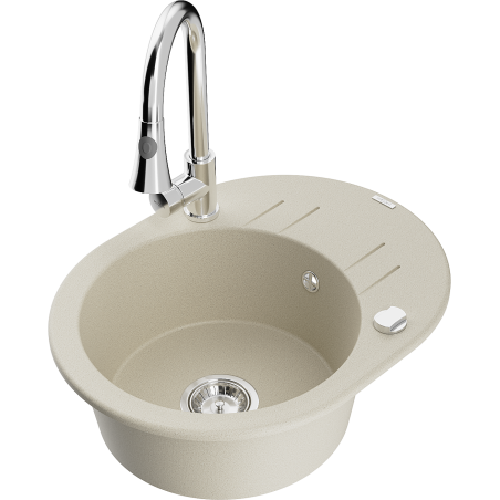 Mexen Kevin granitische spoelbak met 1 bak, afdruiprek en keukenmengkraan Elia, beige - 6517-69-670101-00