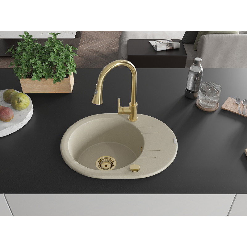 Mexen Kevin lavello in granito a 1 vasca con sgocciolatoio e rubinetto da cucina Elia, beige - 6517-69-670101-50