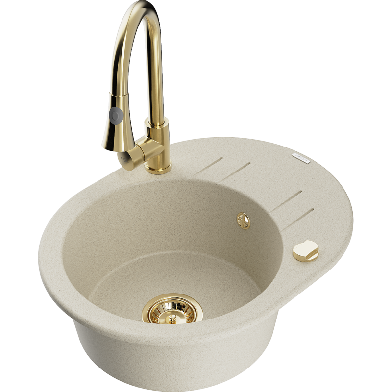Mexen Kevin fregadero de cocina de granito de 1 cubeta con escurridor y grifo de cocina Elia, beige - 6517-69-670101-50