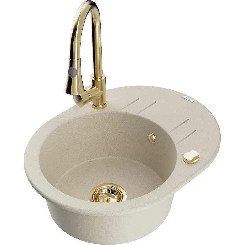 Mexen Kevin granieten spoelbak met 1 bak, afdruiprek en Elia keukenkraan, beige - 6517-69-670101-50