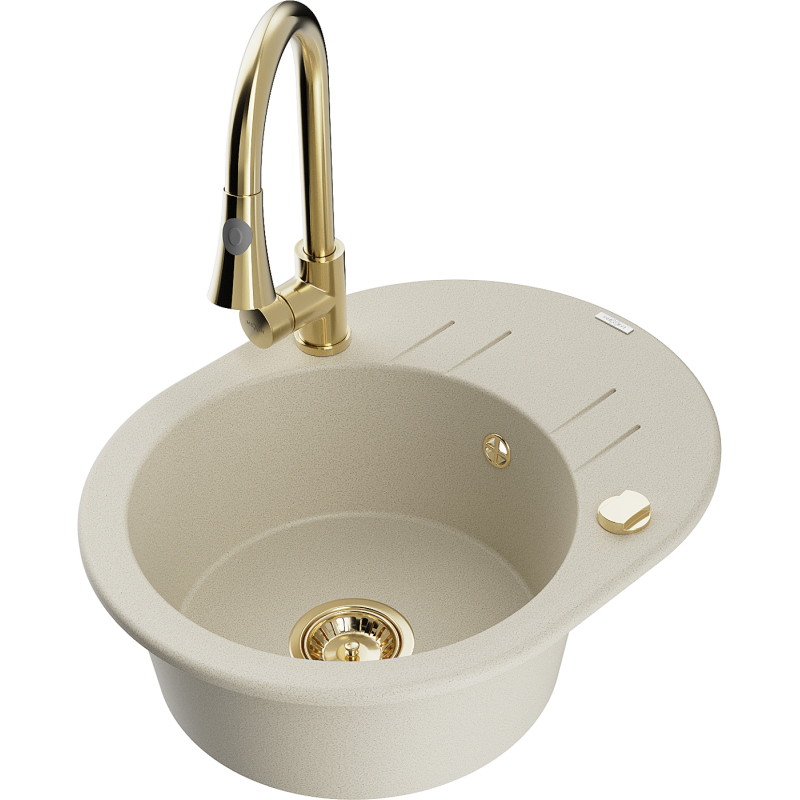 Mexen Kevin lavello in granito a 1 vasca con sgocciolatoio e rubinetto da cucina Elia, beige - 6517-69-670101-50