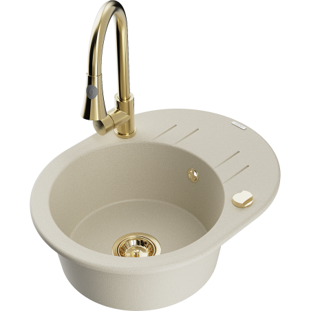 Mexen Kevin Granite Sink 1-Bowl with Drainer and Elia Kitchen Tap, Beige - 6517-69-670101-50